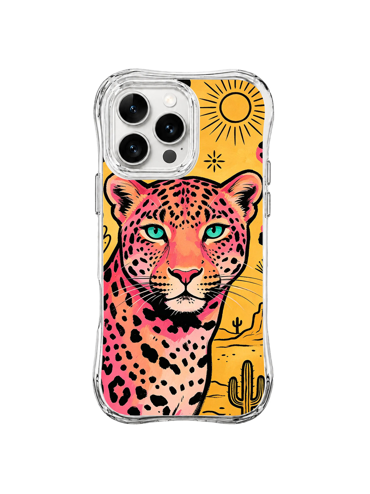 Close pink cheetah portrait beside desert cacti beneath a sun on clear iPhone 13 Pro Max case