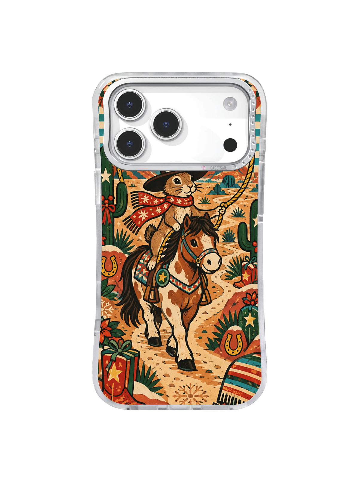 Scarlet Scarf Mesa desert rider artwork on an iPhone 17 Pro Max case