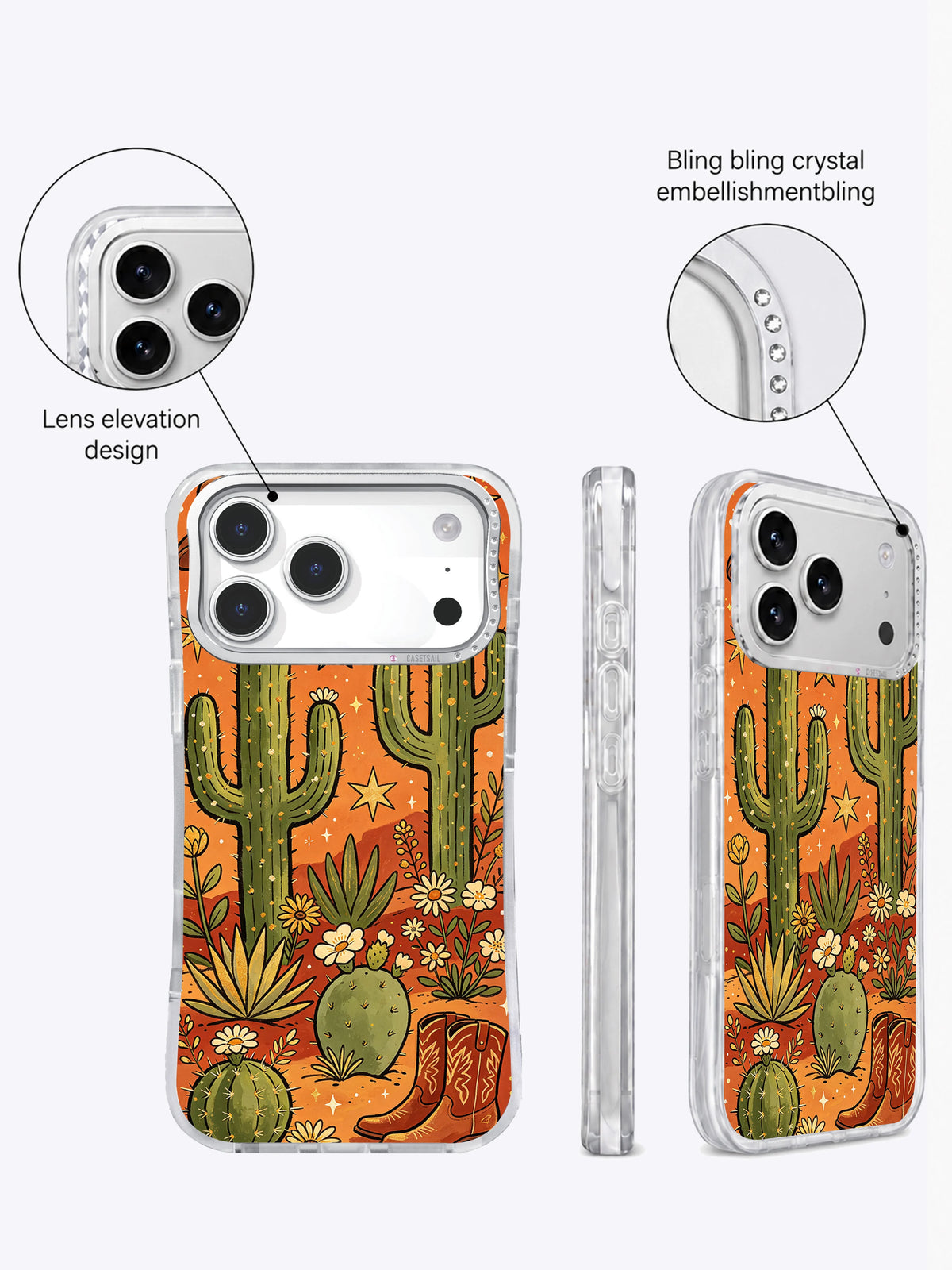 Orange cactus moon and cowboy boot illustration detail