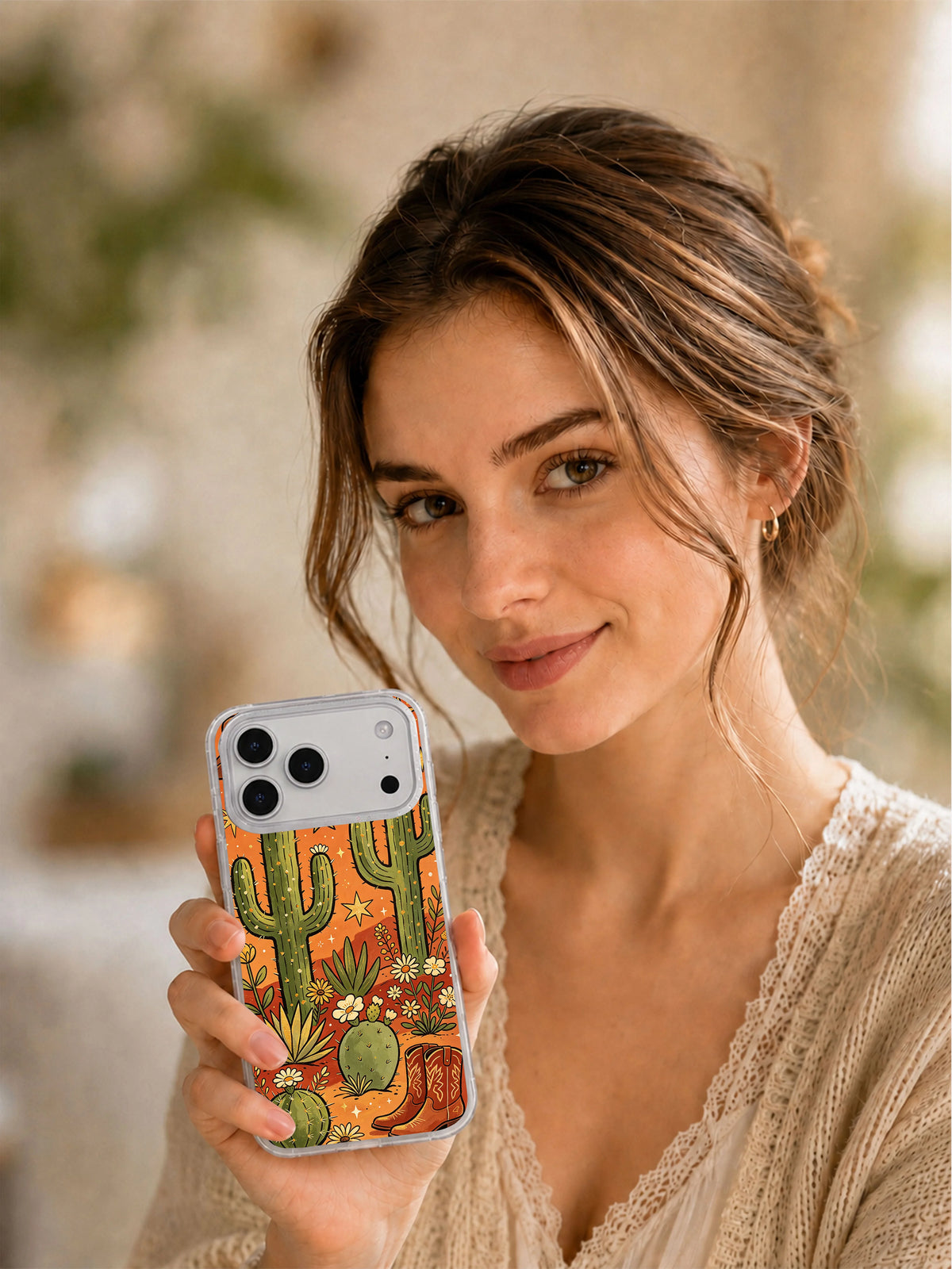 Desert Moon Cowboy Garden art phone case held in hand