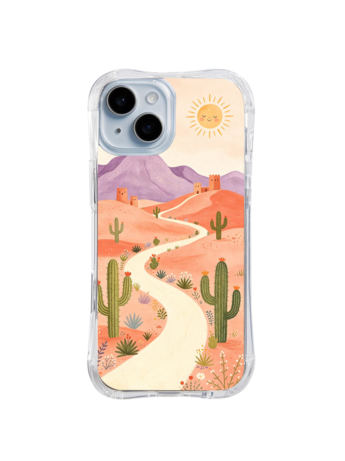 Coral Cactus Road: A cream road winds through coral desert hills, cacti and small adobe buildings below a smiling sun.
