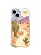 Singing Cactus Totem: Tall patterned cacti stand beside a winding road, coral plants and adobe village buildings.