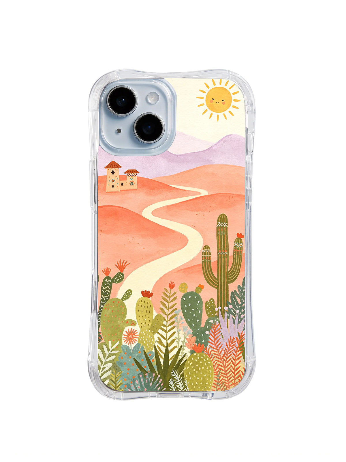 Blooming Desert Passage: A pale road curves through layered coral hills toward small houses above flowering cacti.
