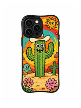 Cowboy Cactus Smile: A smiling cactus wears a cowboy hat among flowers, sun and desert hills.