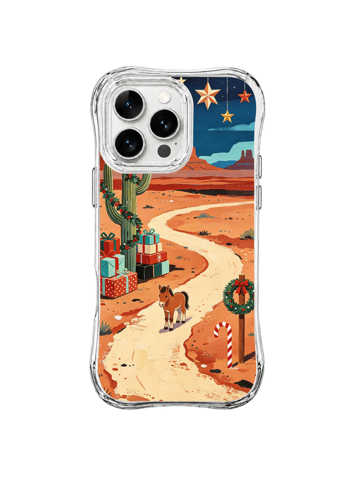Desert Star Christmas iPhone 15 Pro case with foal, candy cane waypost and red mesas