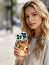 Lifestyle view of the Desert Star Christmas iPhone 15 Pro case held outdoors
