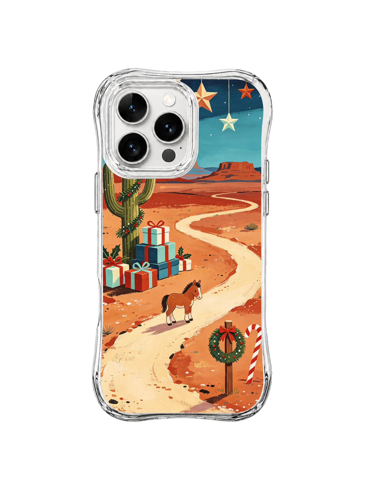 Foal iPhone 15 Pro case with paper stars, desert path, cactus, wreath and presents