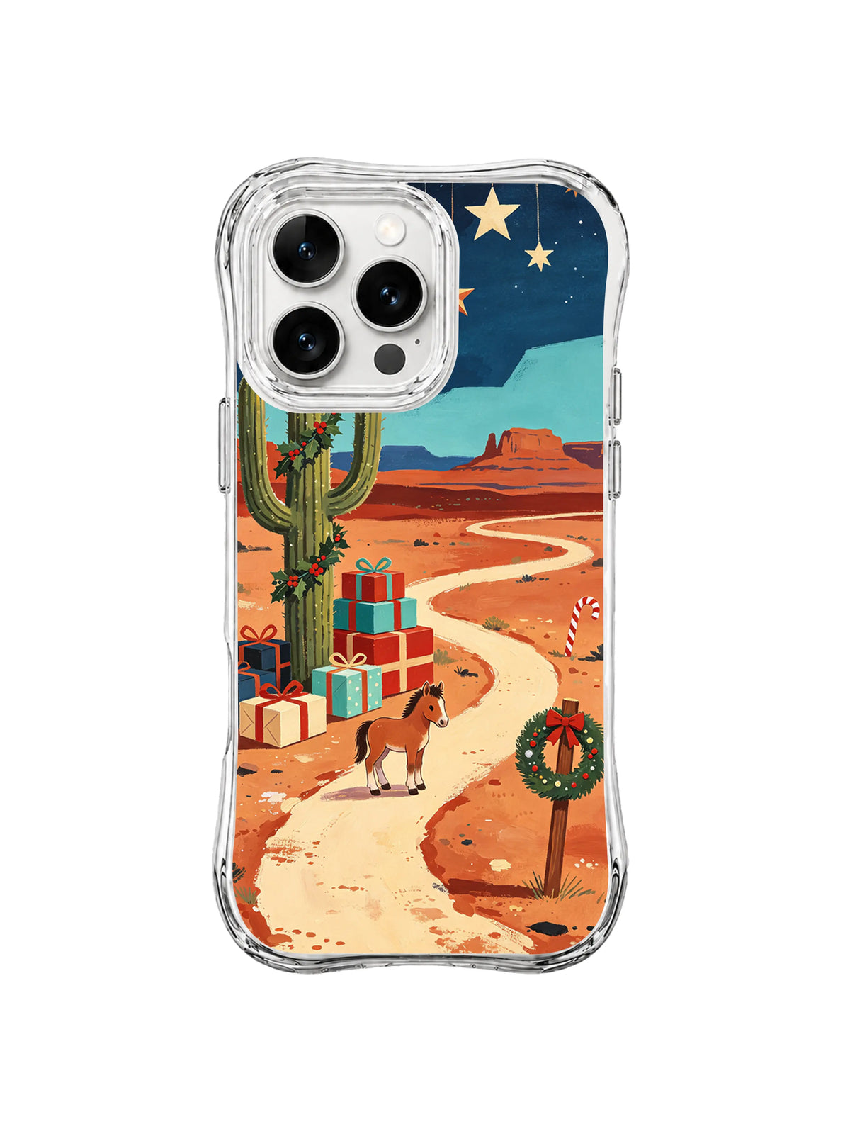 Desert Christmas iPhone 15 Pro case with foal, cactus, gifts and star trail