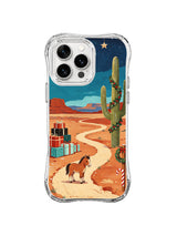 Western iPhone 15 Pro case with tall garland cactus, foal, gifts and winding sand path