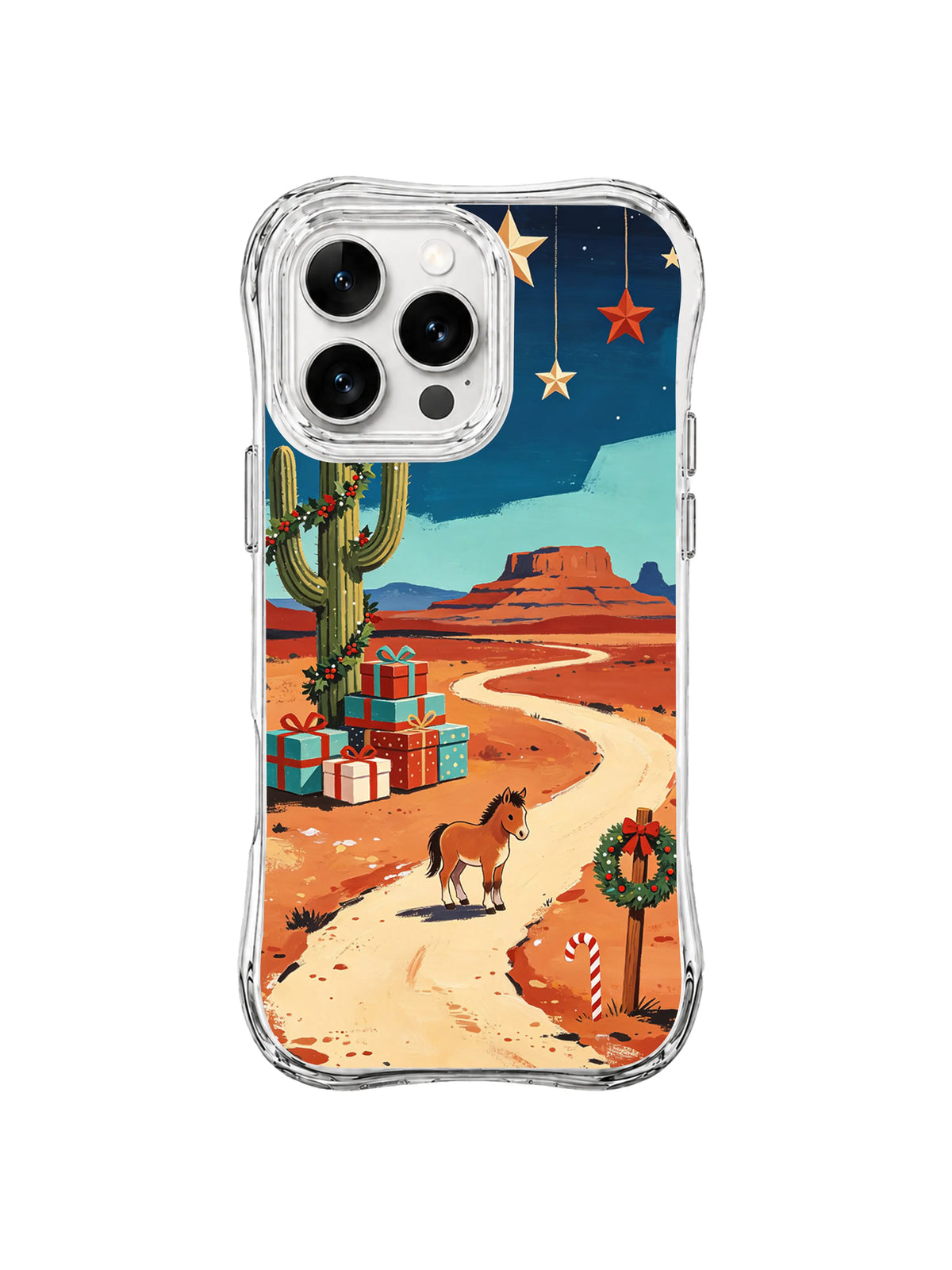 Western Christmas iPhone 15 Pro case with foal, turquoise sky, mesas and gift stack