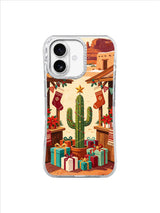 Decorated cactus and holiday gifts beneath an open cream sky and red mesa on an iPhone 17 case