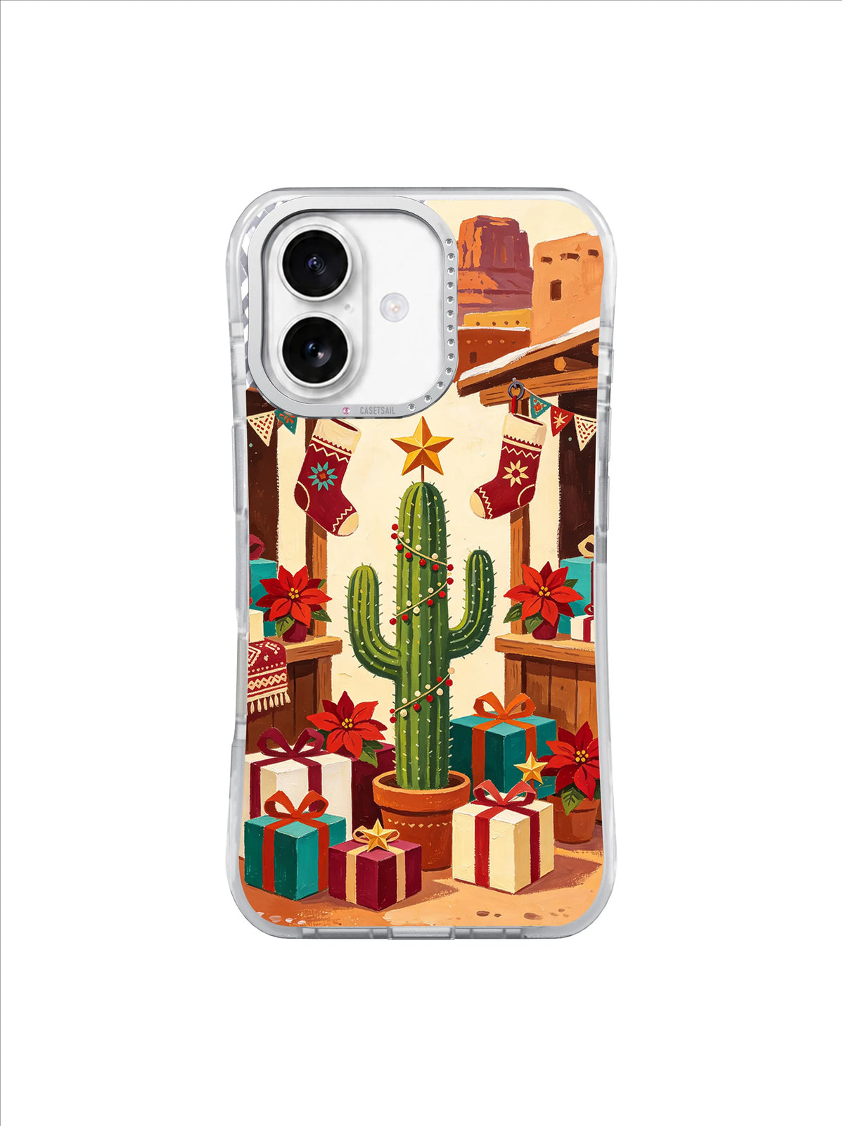 Star-topped cactus with stockings, poinsettias, mesas, and gifts on an iPhone 17 case