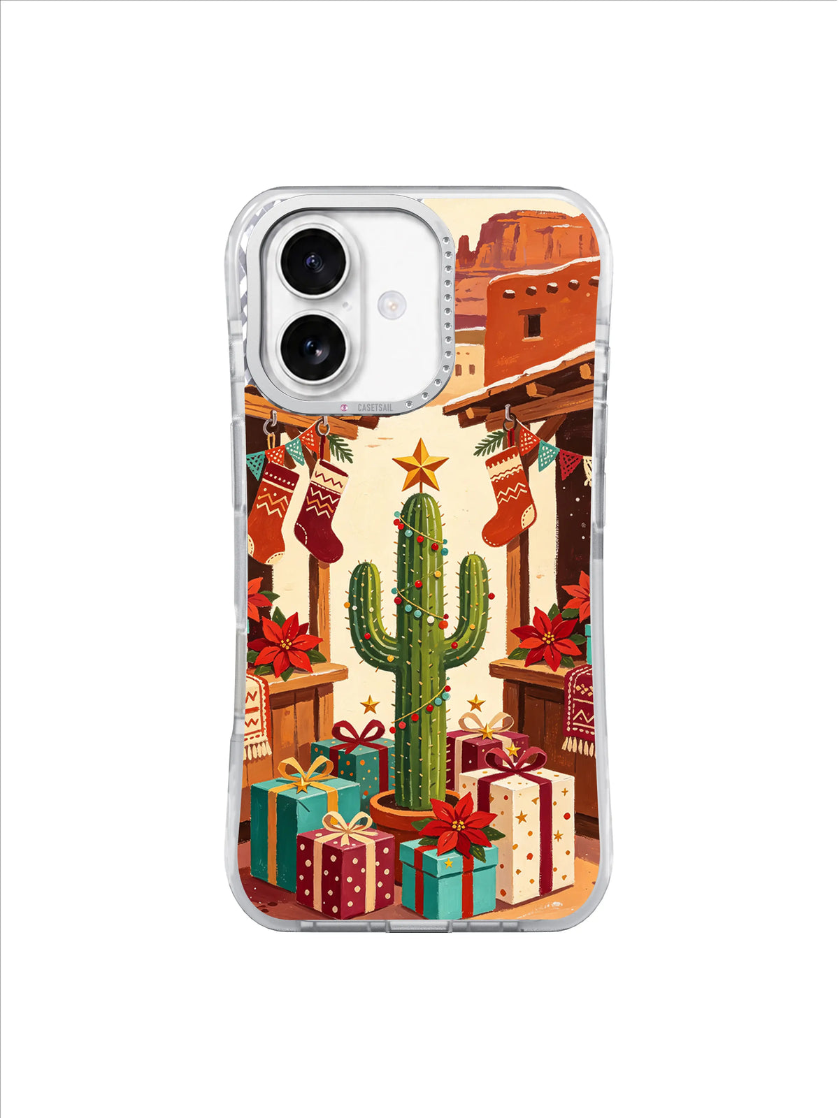 Boot stockings, cactus, adobe walls, and wrapped boxes on an iPhone 17 case