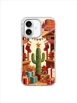 Star-topped cactus beneath pennant garlands with poinsettias and gifts on an iPhone 17 case