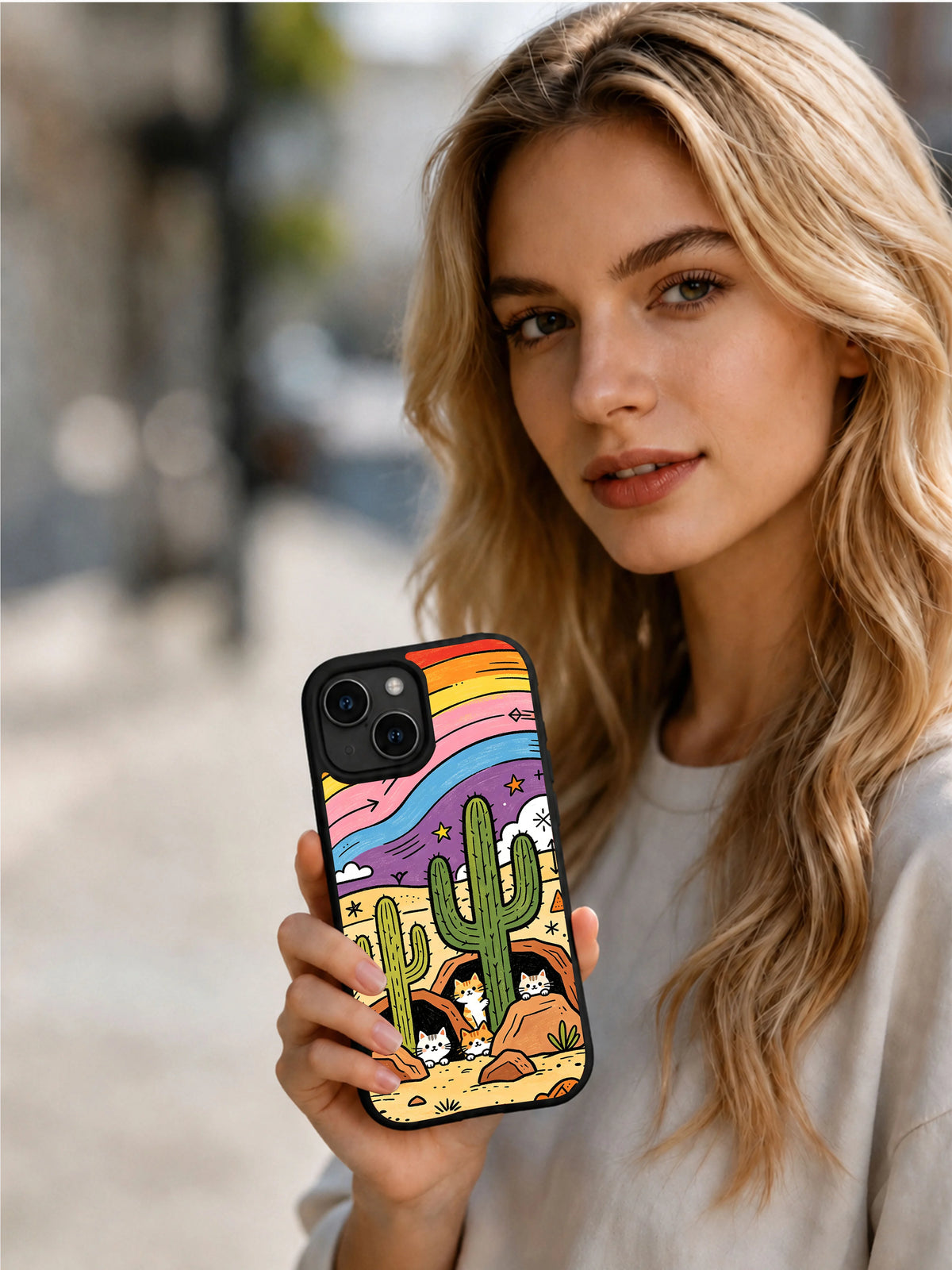 Artist-designed sunset cat phone case display