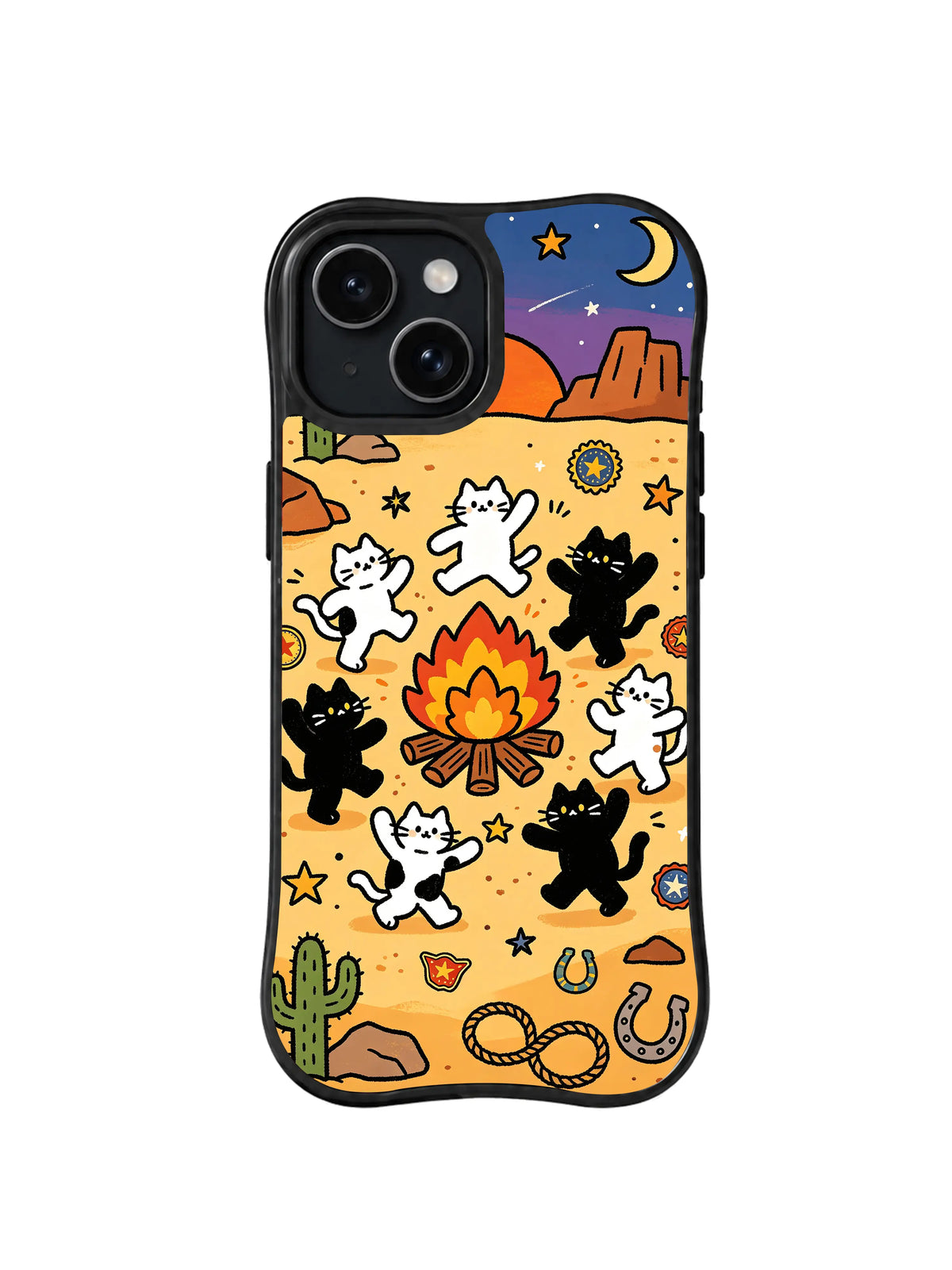 Campfire Desert Cats pattern on iPhone 15 case