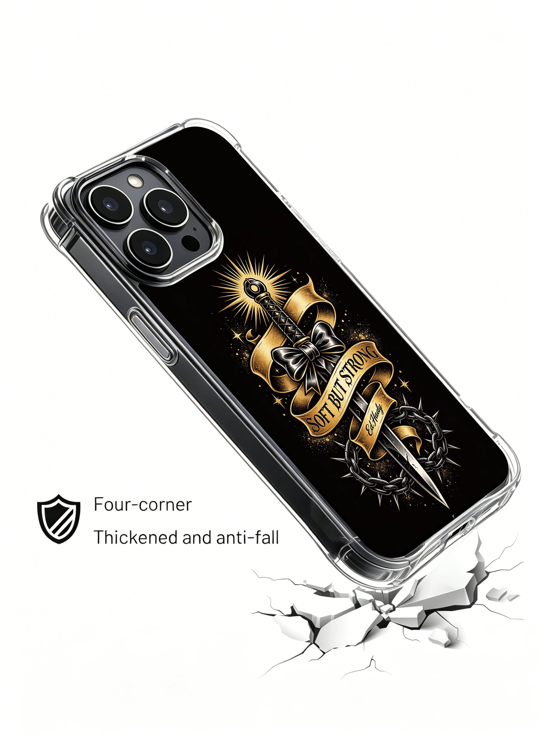 Detroit vintage factory fence inspired totem PhoneCasing, artistic iPhone 14 Plus Case with broken chain details, scratch resistant durable iPhone 14 Plus casing.