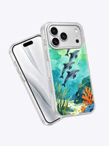 Dolphins After Rain iPhone case shown from an angled view