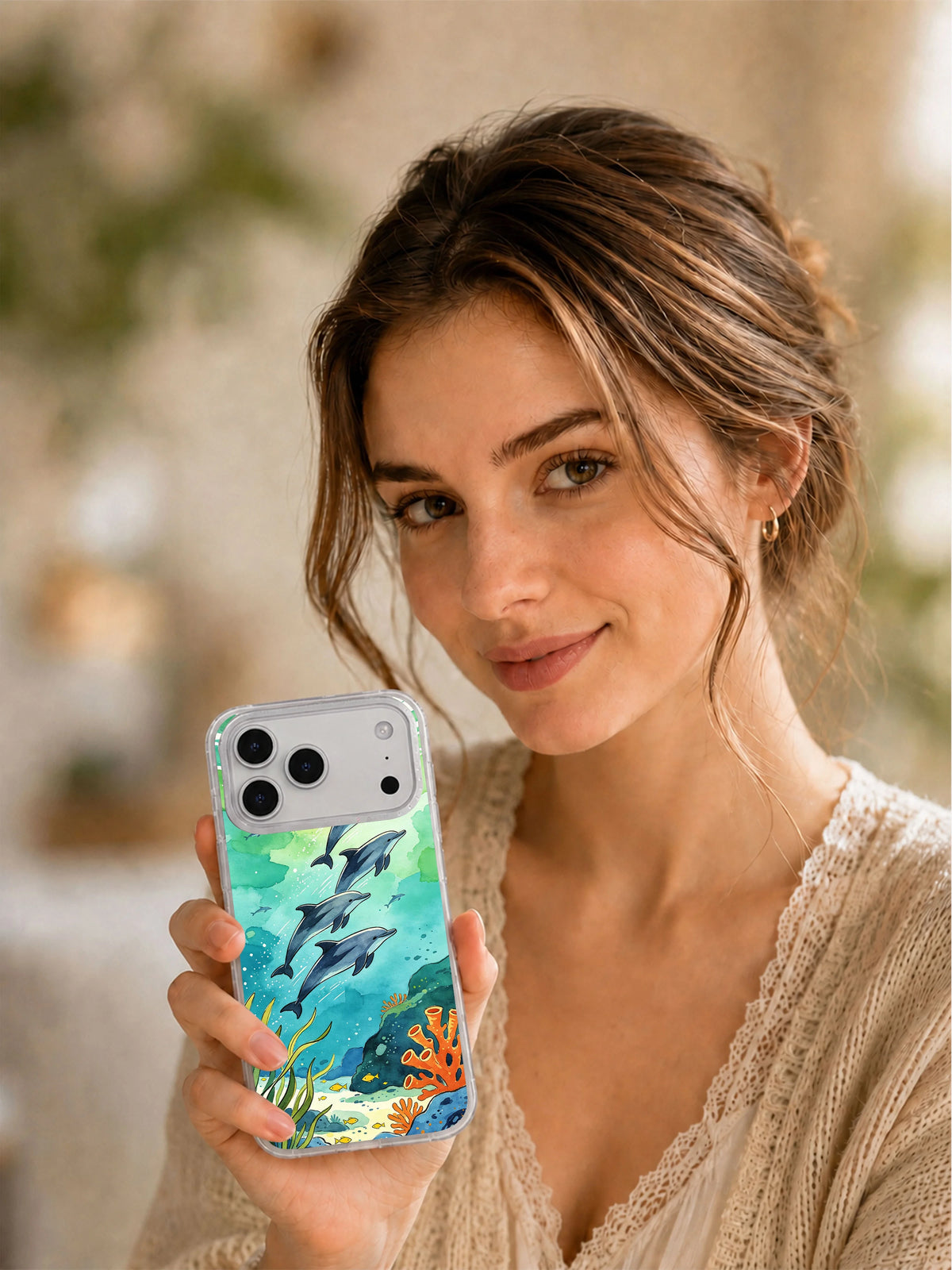 Dolphins After Rain ocean art iPhone case in a lifestyle setting