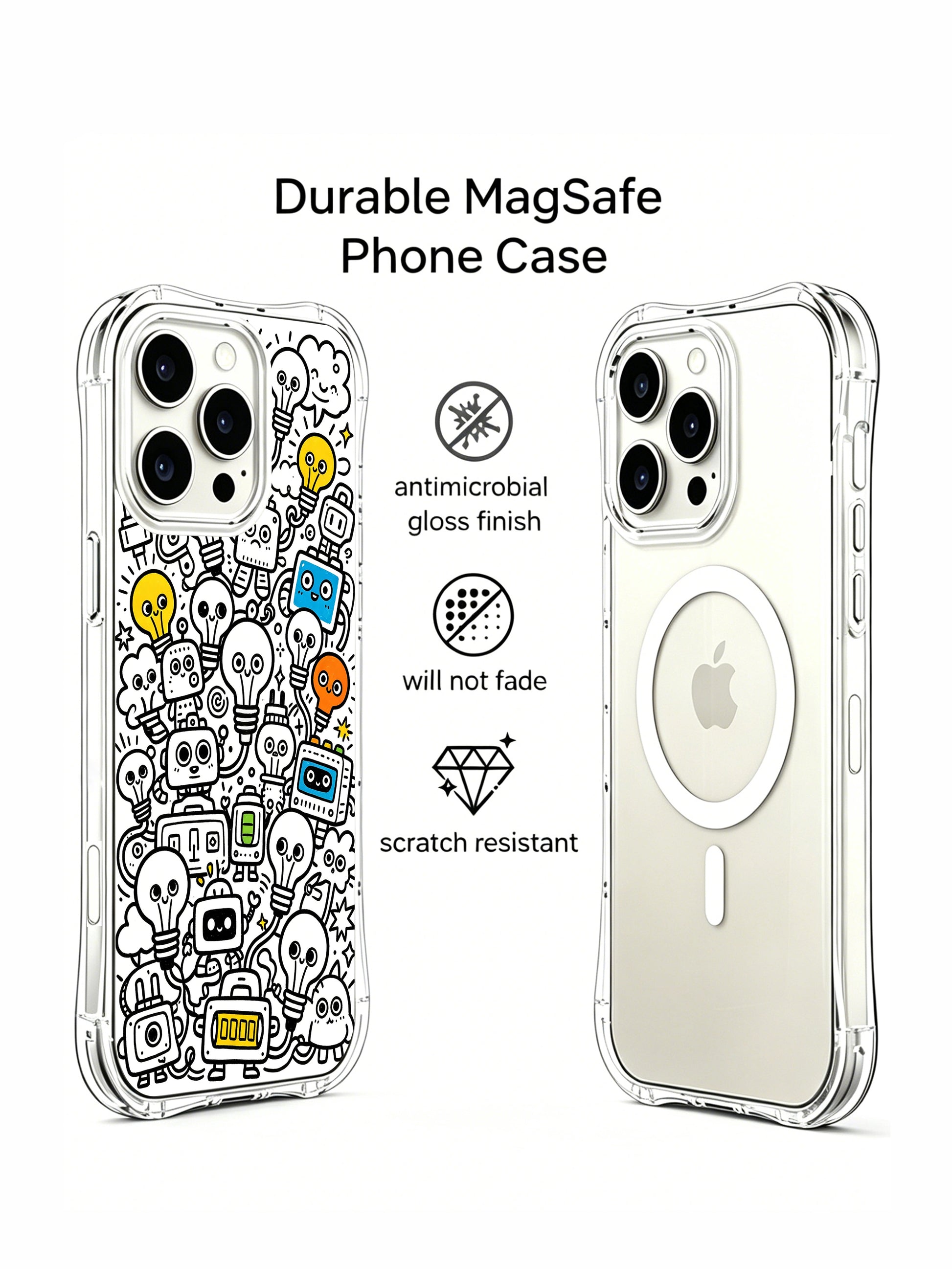 Hand-drawn lightbulb character gathering print iPhone 15 pro Case from PhoneCasing, scratch-resistant premium phone casing, ideal gift-ready art phone cover for art lovers.