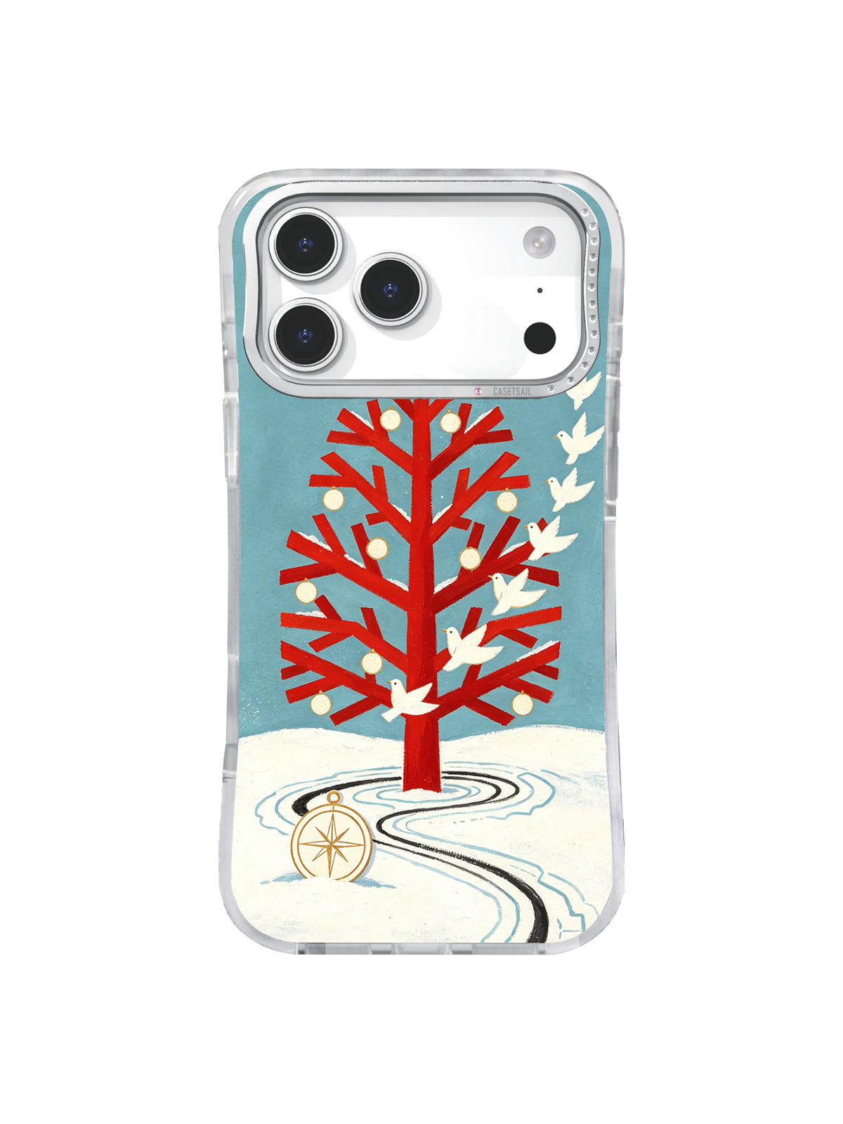 Scarlet winter tree with white doves, invented contour map and compass medallion on iPhone 17 Pro case