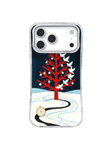 Night-sky dove flock crossing a red map tree with gold constellation lines on iPhone 17 Pro case