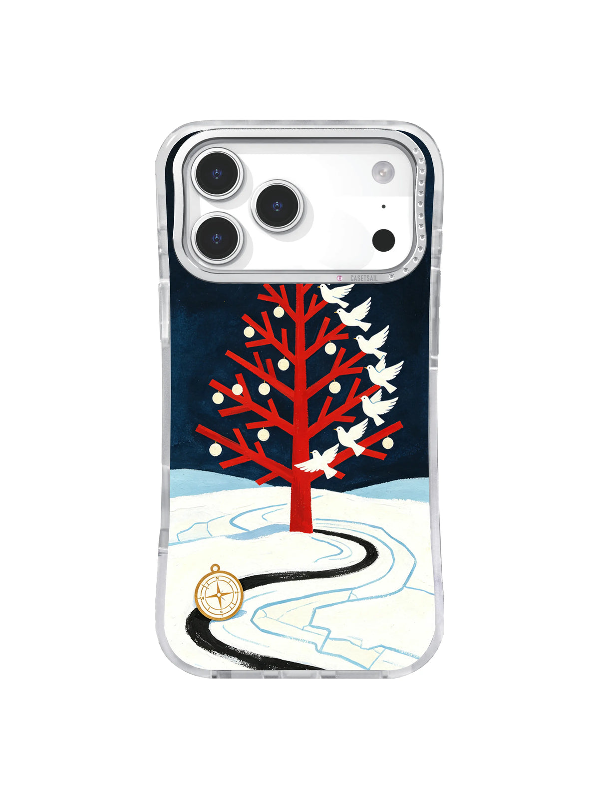 Night-sky dove flock crossing a red map tree with gold constellation lines on iPhone 17 Pro case