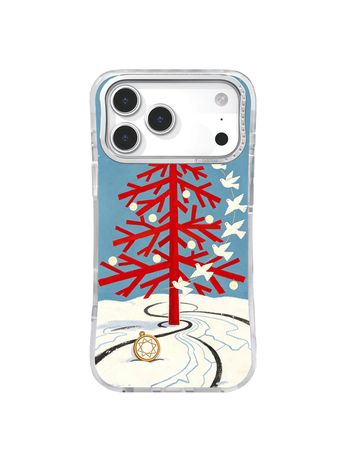 Sky-blue folk map pattern with scarlet tree, white doves and blank compass motif on iPhone 17 Pro case