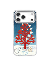 White dove constellation circling an angular scarlet winter tree on iPhone 17 Pro case