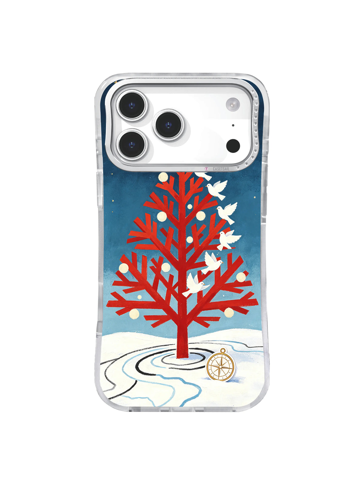 White dove constellation circling an angular scarlet winter tree on iPhone 17 Pro case