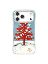 Layered red winter tree with dove flight and charcoal snow-map lines on iPhone 17 Pro case