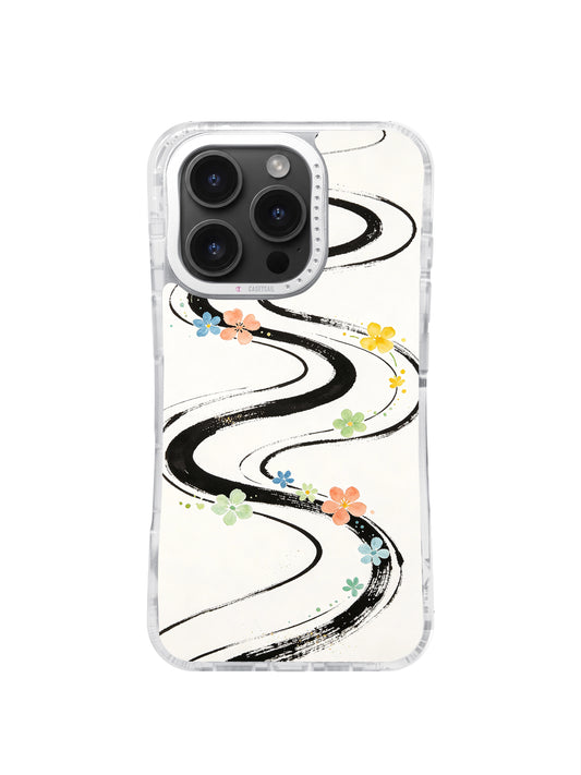 Dream Island Curves iPhone 16 Pro Max case with flowing black ink and pastel flowers