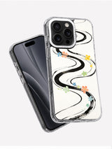 Flowing ink floral iPhone case displayed with a black phone at an angle