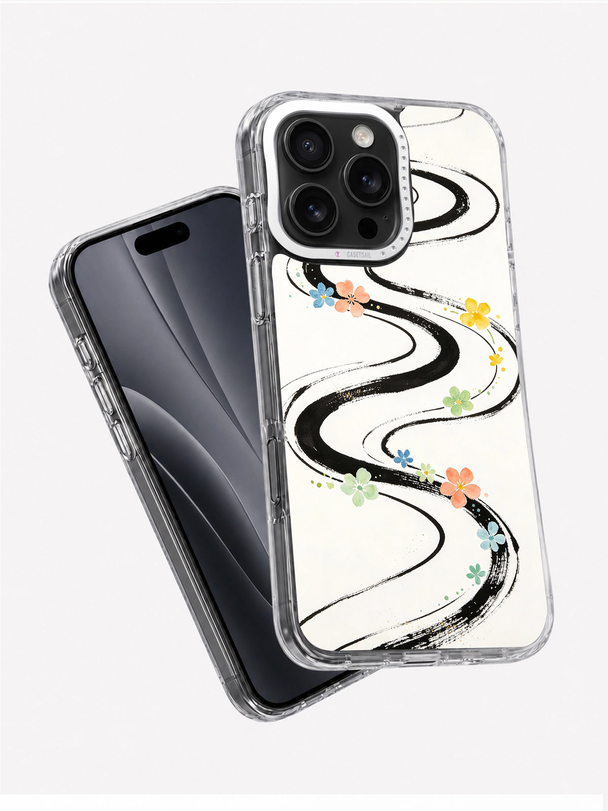 Flowing ink floral iPhone case displayed with a black phone at an angle