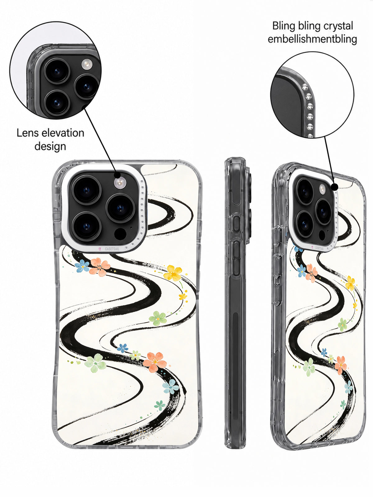 Close-up views of raised crystal-accented camera frame on floral ink case