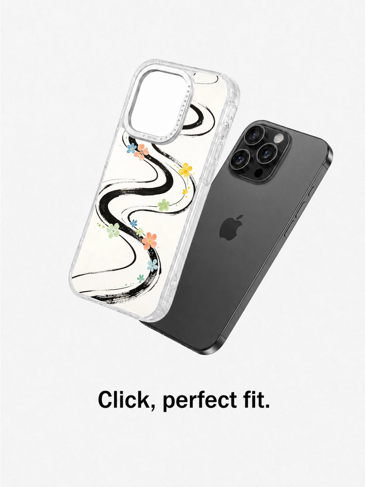 Clear abstract floral case separated from an iPhone 16 Pro Max