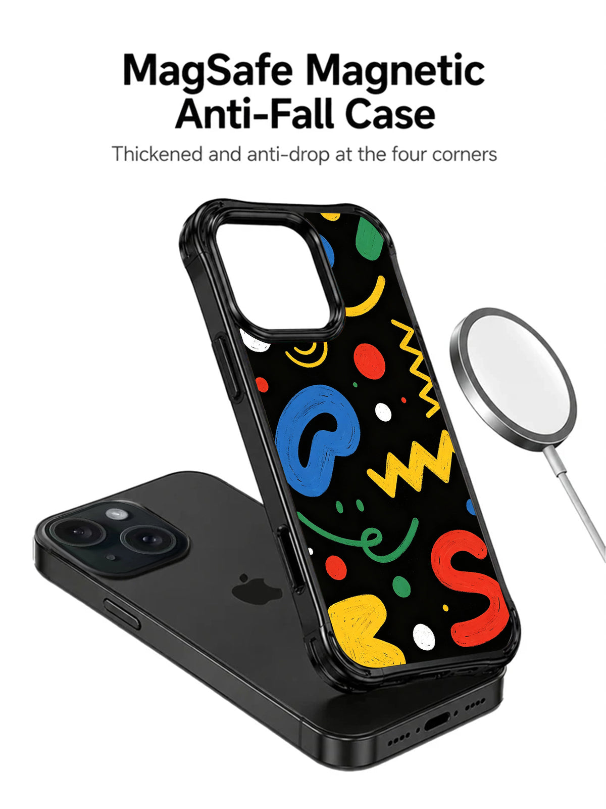 Colorful abstract symbols iPhone 15 Pro case magnetic charging view
