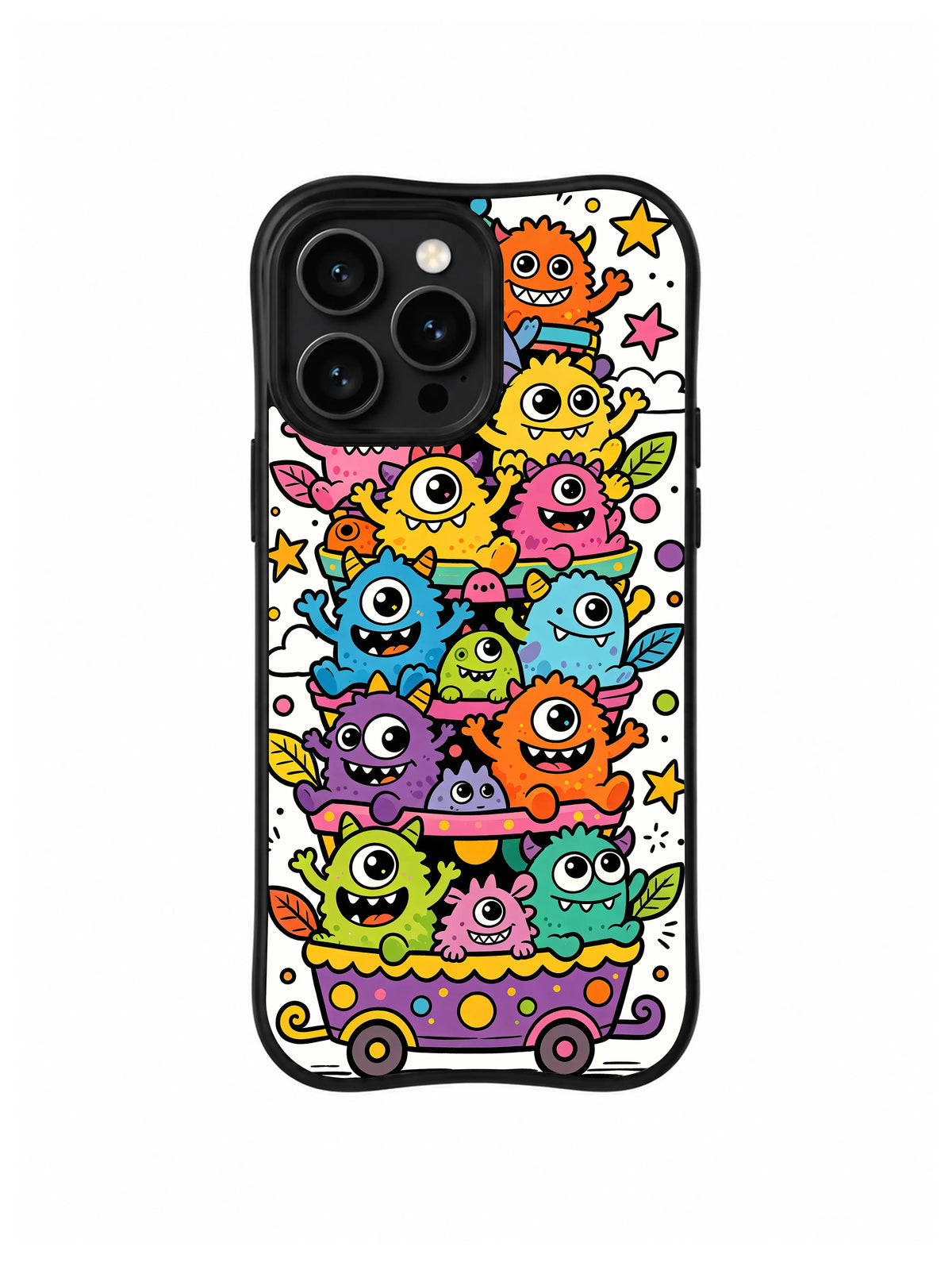 Tiny Rebels Dream Bus: Colorful small monsters ride together in a pink bus beneath stars.