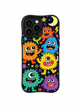 Moonlit Rebel Sparks: Colorful fuzzy creatures float among a crescent moon, stars and lightning marks.