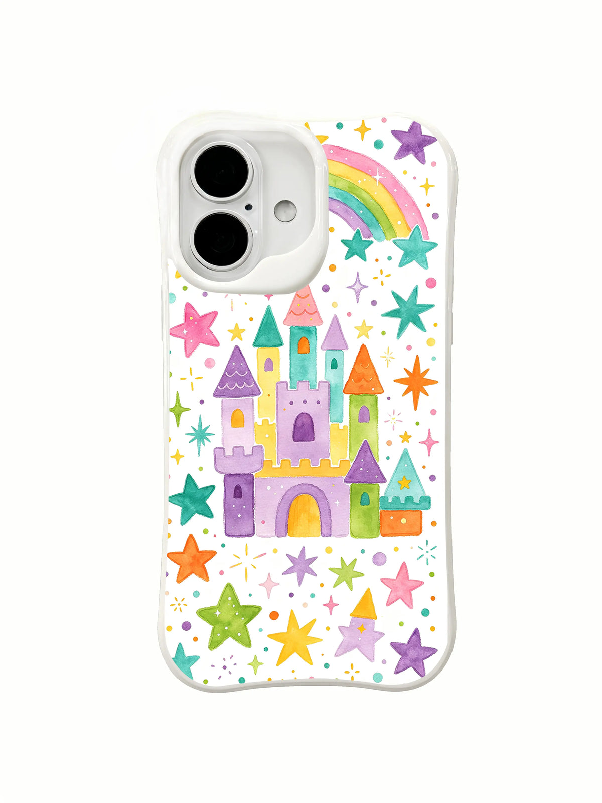 Rainbow Star Castle: Ortadaki çok renkli şato gökkuşağı ve dağınık yıldızların altında durur.