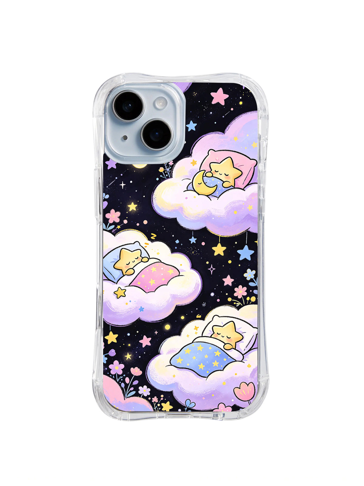 Floral Star Cloud Dreams: Uyuyan yıldızlar küçük yıldızlar ve hilalin altında çiçeklerle süslü pastel bulutlarda dinlenir.