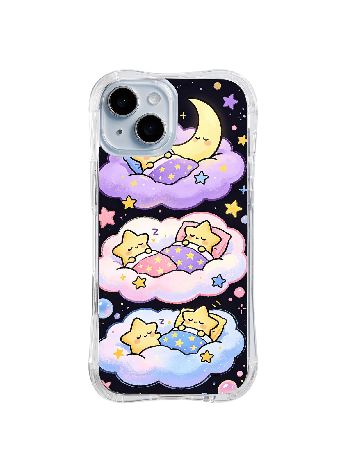 Moonlit Star Sleepover: Yıldız dostlar hilalin altında pastel bulutlarda battaniyelerin altında uyur.