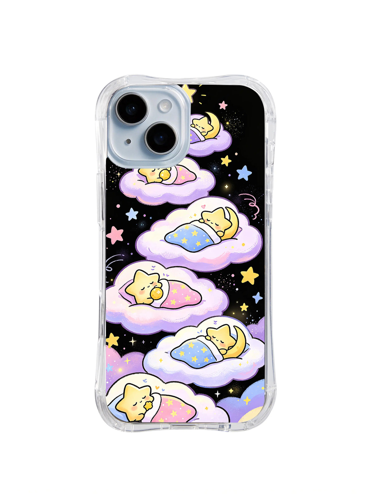Sleeping Star Cloud Parade: Uyuyan sarı yıldız dostlar üst üste dizilmiş pembe, lavanta ve mavi bulutlarda dinlenir.