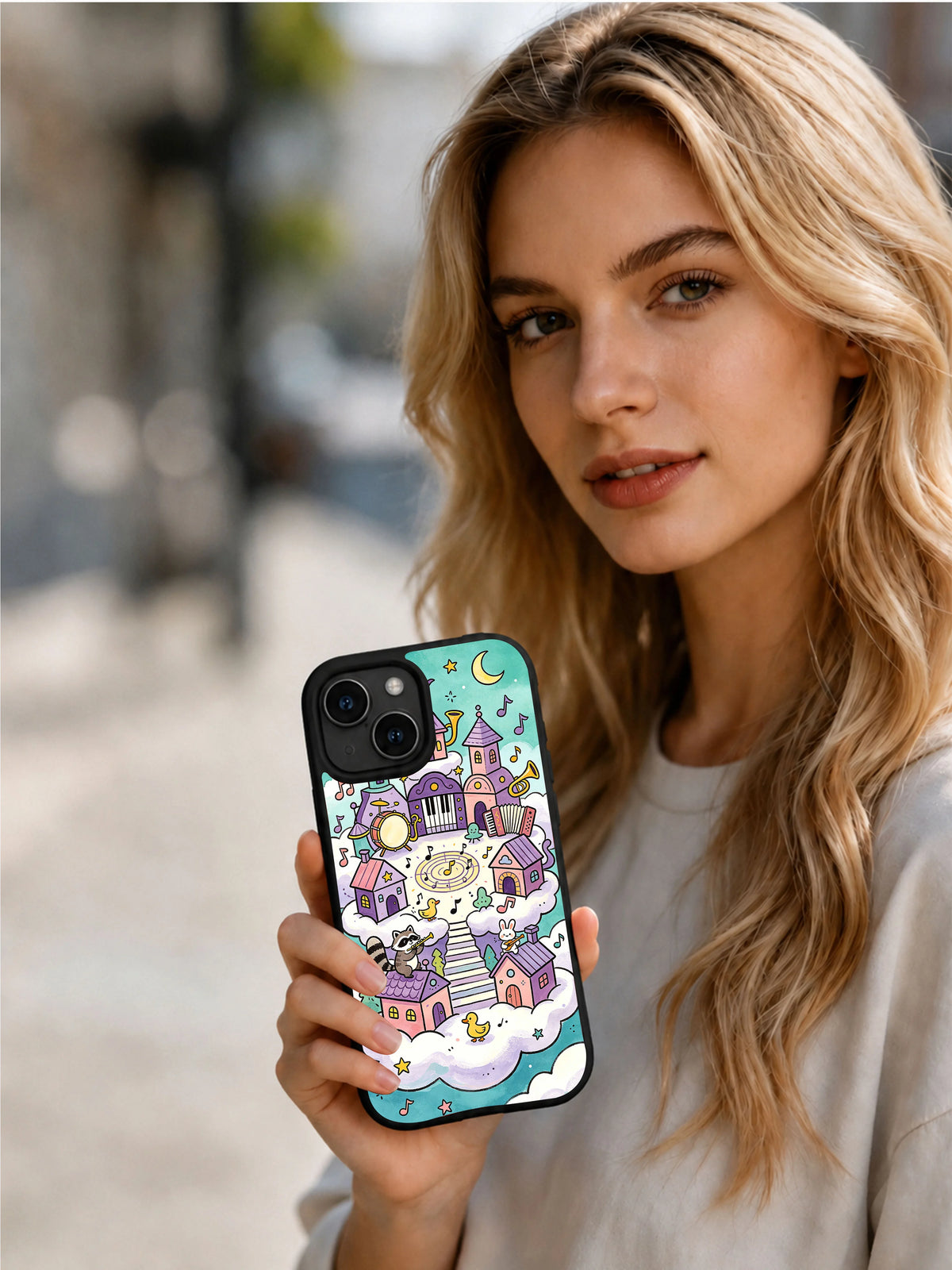 The Dreamy Cloud House City iPhone 14 Plus case presentation