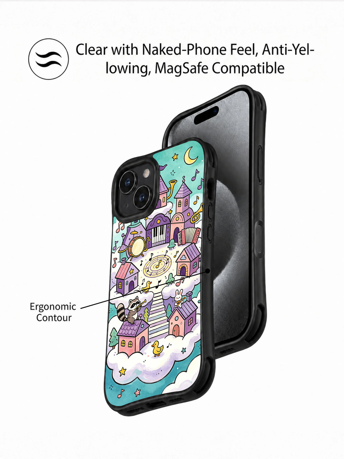 Colorful cloud city iPhone 14 Plus case side view