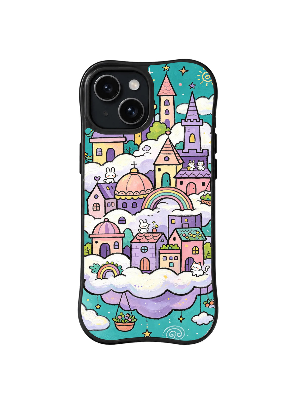Rainbow Cloud Rabbit City pattern on iPhone 14 Plus case