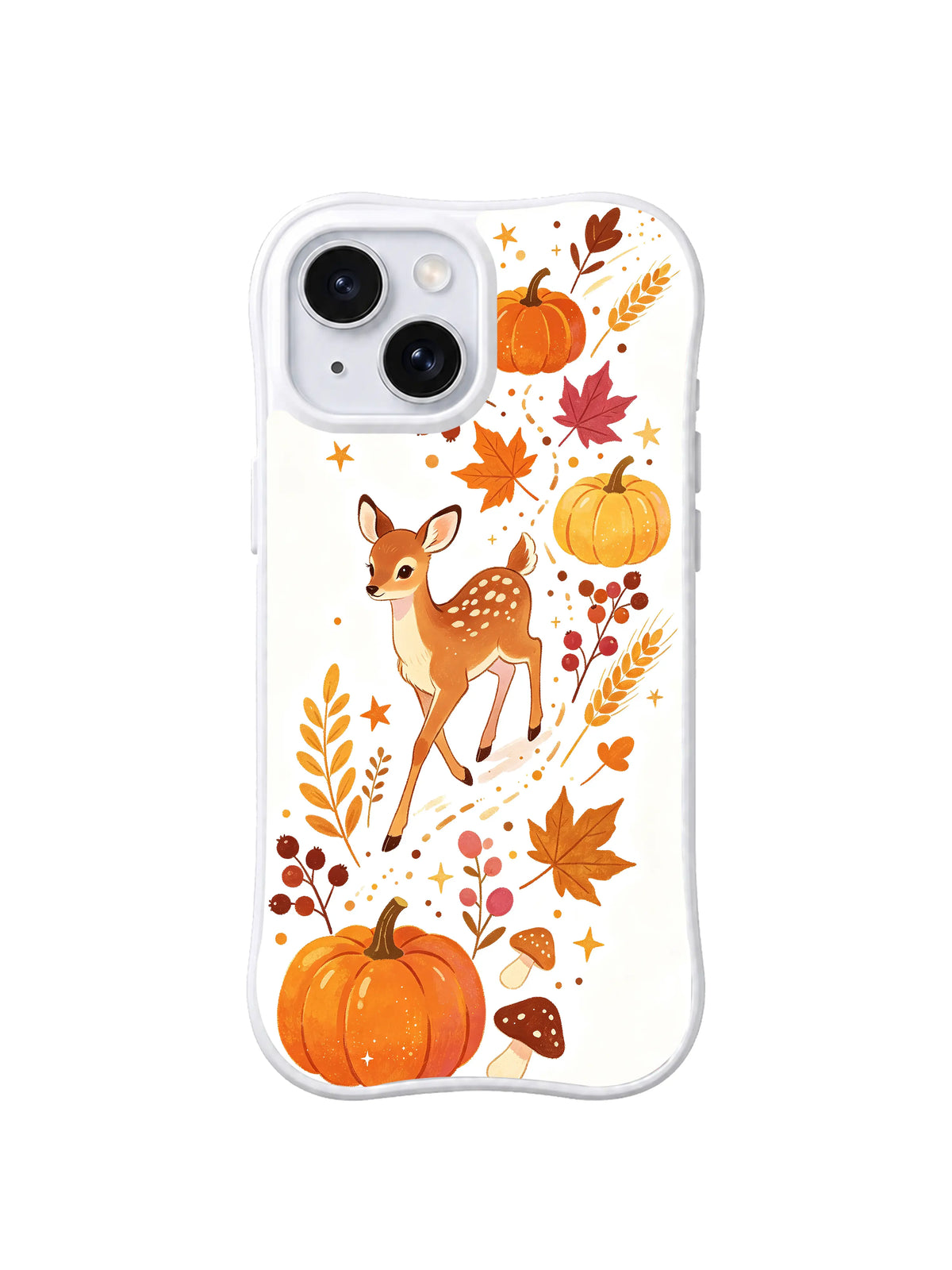 Dreamy Fawn Pumpkin Patch / Starleaf Fawn Patch: Turuncu ve sarı balkabakları, ince altın sarısı yıldızlar, akçaağaç yaprakları, buğday ve kırmızı meyveler arasında ince yapılı benekli yavru geyik.