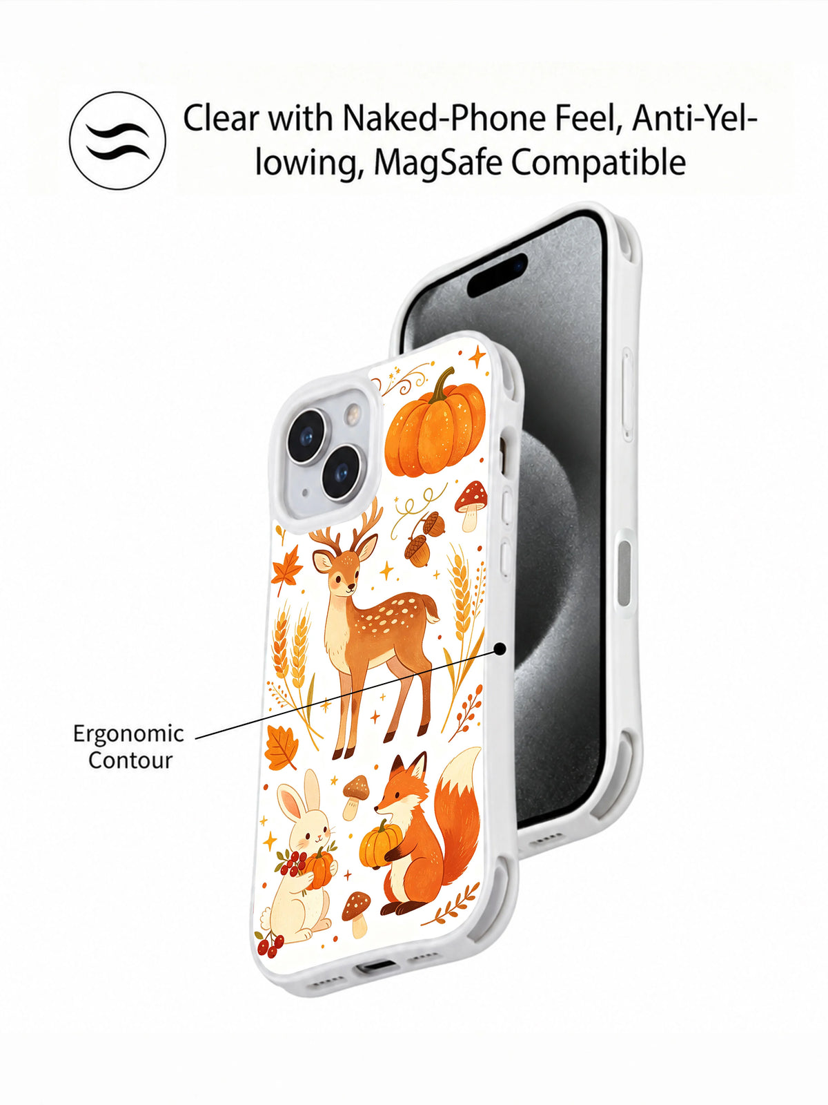 Dreamy Fawn Pumpkin Patch: Tanıtım panelinde telefon önüyle üst üste gösterilen desenli kılıf arkası.