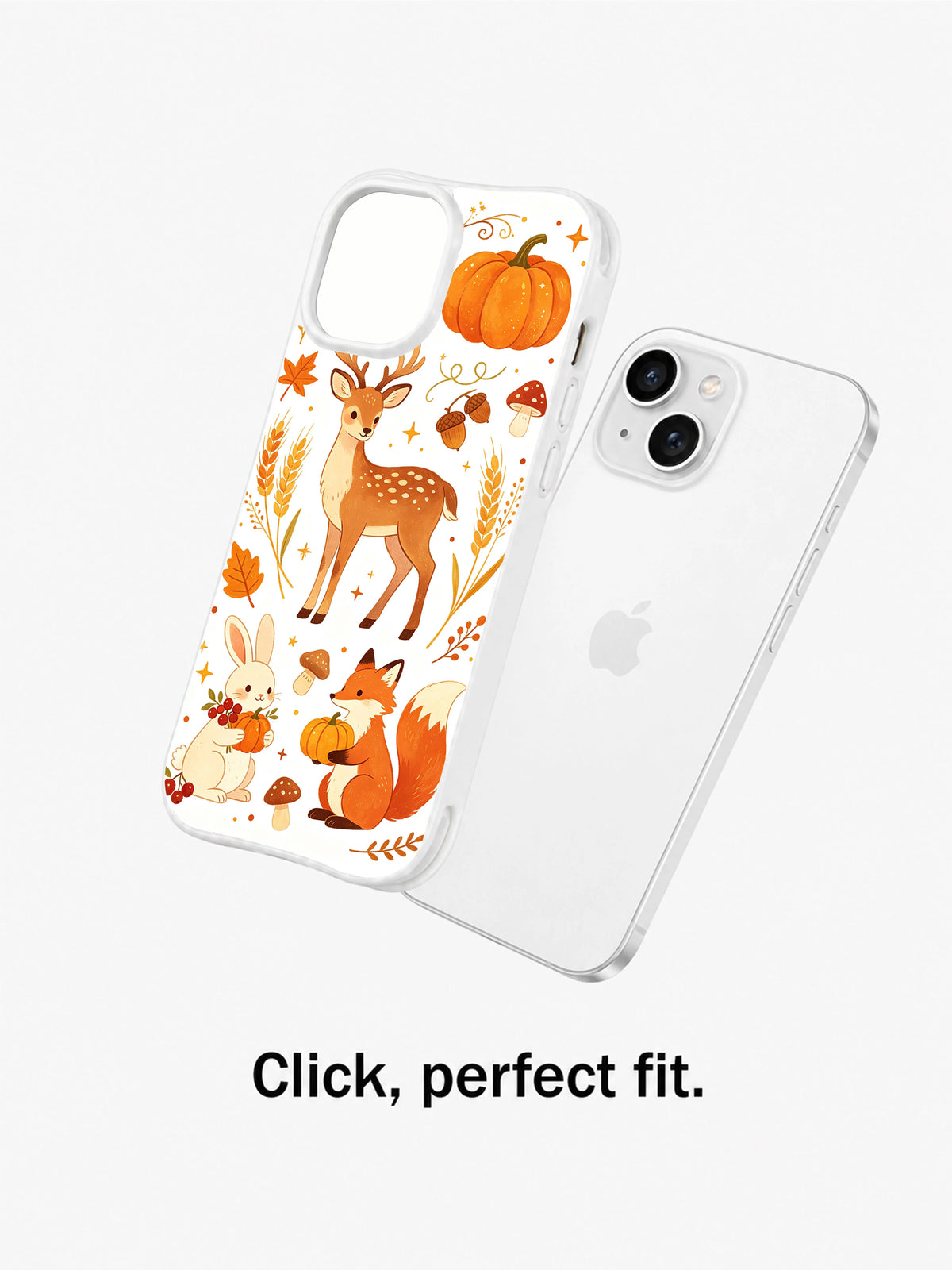Dreamy Fawn Pumpkin Patch: Telefon arkası görünümünün yanında ayrı gösterilen desenli kılıf.
