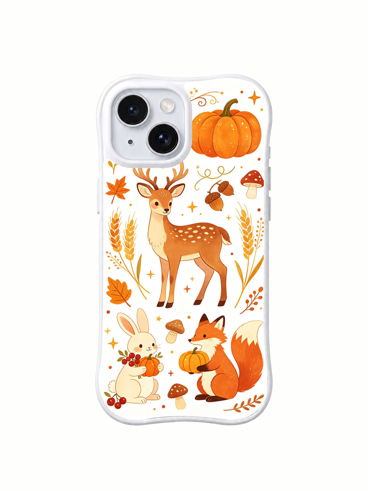 Dreamy Fawn Pumpkin Patch: Balkabakları, buğday ve küçük mantarlarla tavşan ve tilkinin üzerinde benekli geyiğin düz arka görünümü.
